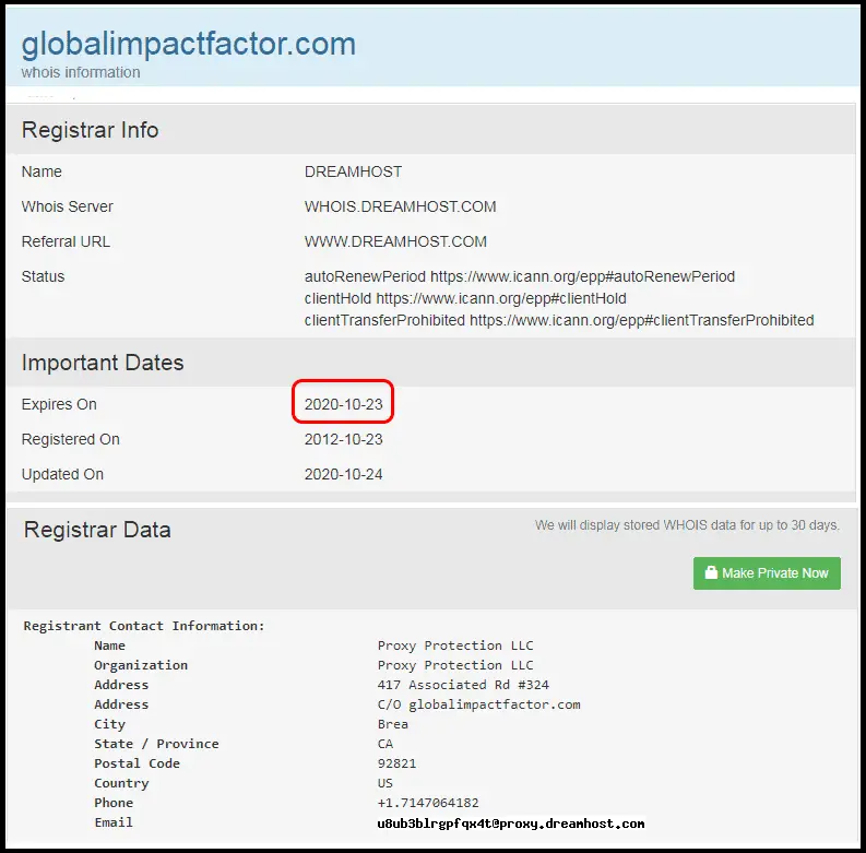 Looking up globalimpactfactor.com on who.is web site (accessed 29 Oct 2020)