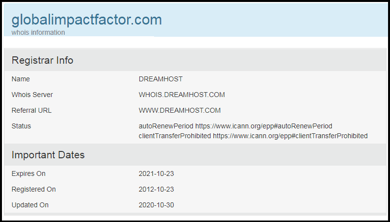 Looking up globalimpactfactor.com on who.is web site (accessed 01 Nov 2020)