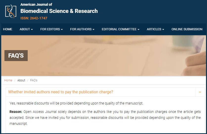 An FAQ answer when looking for the Article Processing Charges for American Journal of Biomedical Science and Research