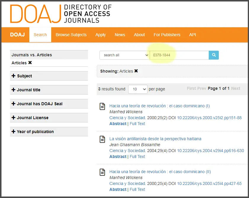 Searching for ISSN 0378-1844 on DOAJ. Three articles are returned, but not journal