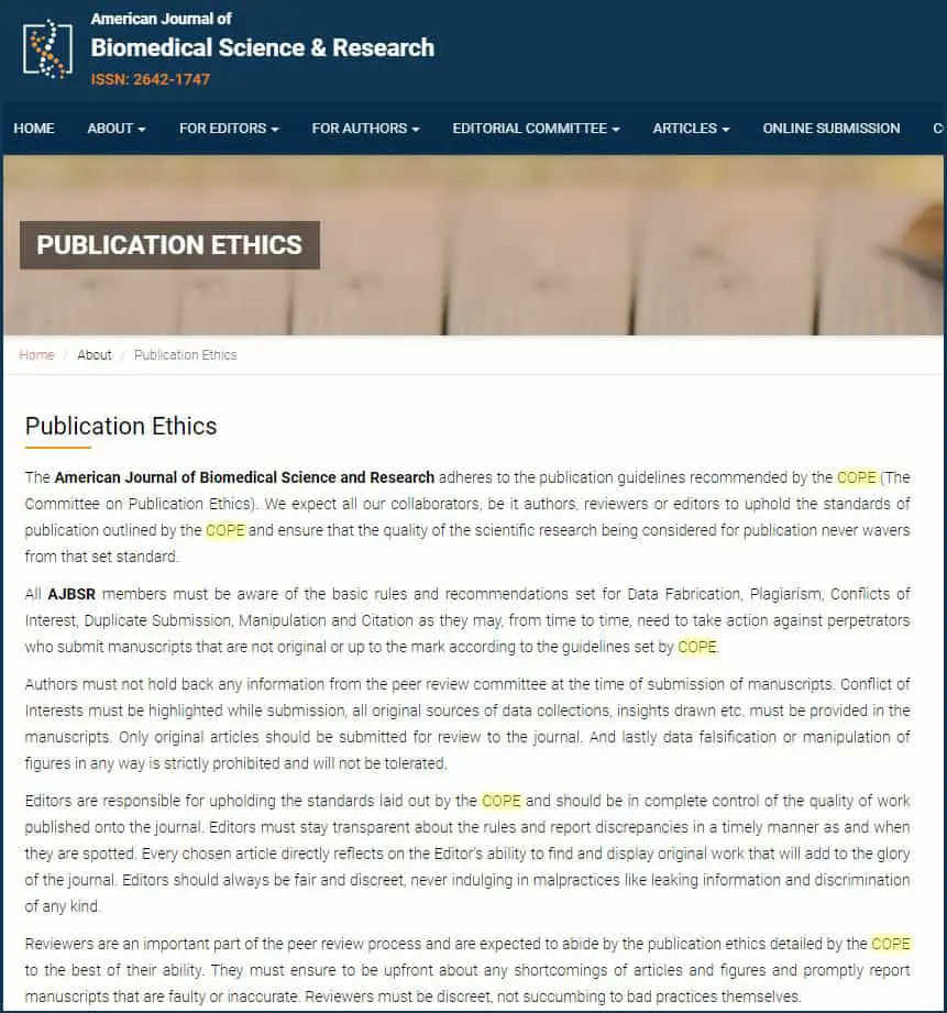 The publication ethics of the American Journal of Biomedical Science & Research