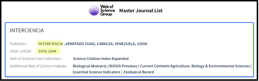Following the Thomson Reuters link on the Interciencia Journal web site