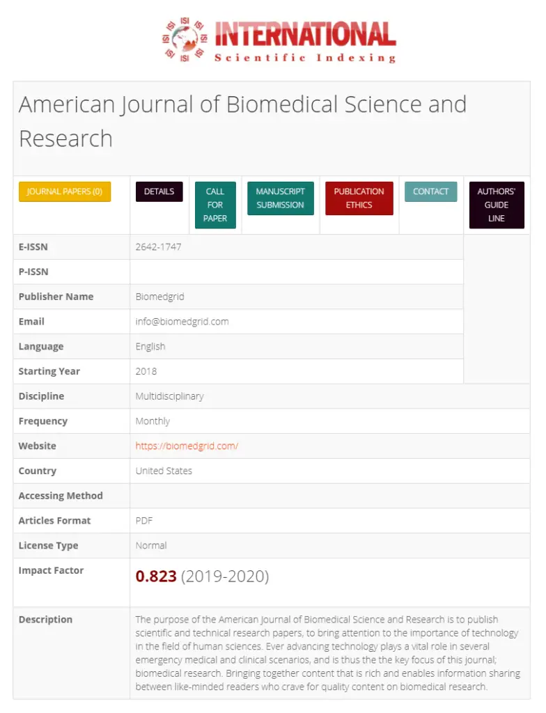 The International Scientific Indexing impact factor for the American Journal of Biomedical Science and Research