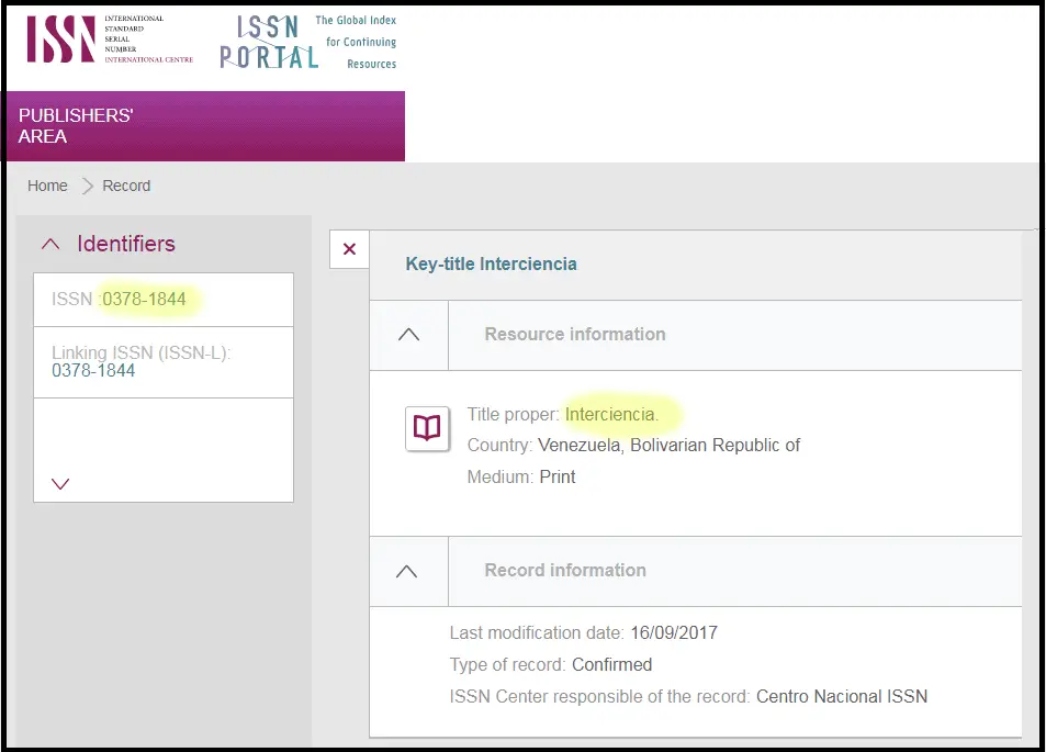 Searching for ISSN 0378-1844 on the ISSN portal