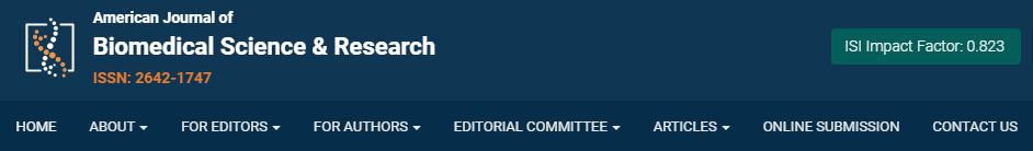 Home page of the American Journal of Biomedical Science and Research, showing that it has an ISI (International Scientific Indexing) impact factor of 0.823.