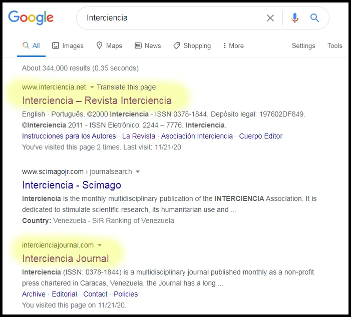 Searching for "Interciencia", rather than "Interciencia Journal"