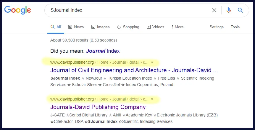 Forcing Google to search for "SJournal index"