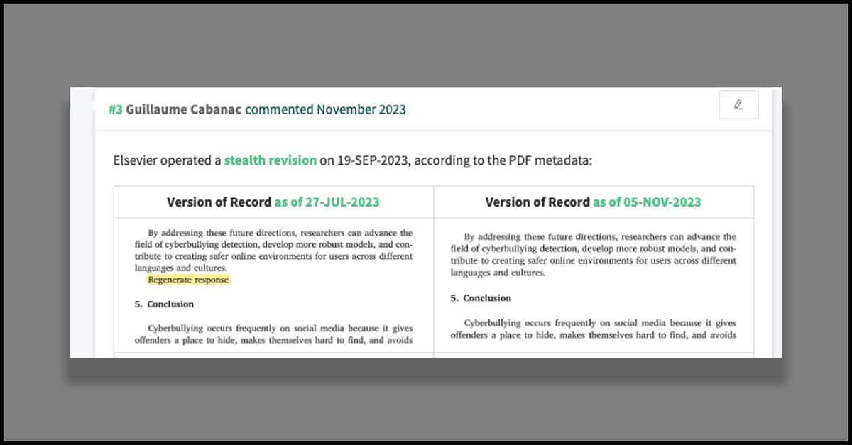 Pub Peer screenshot showing an Elsevier paper that was changed