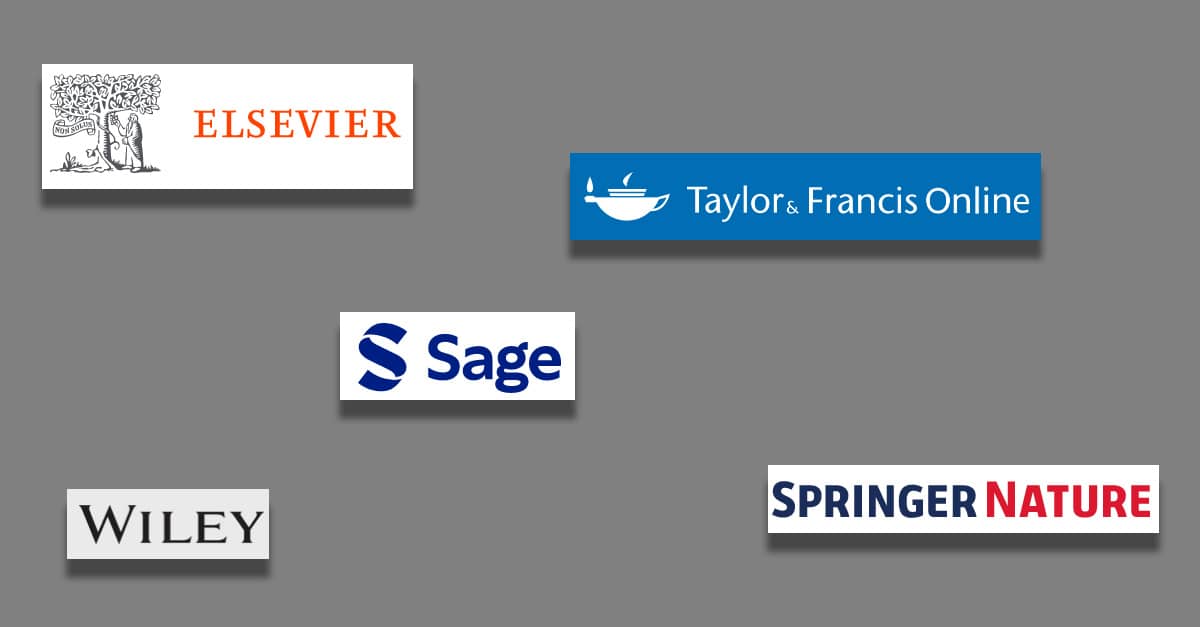 Five publishers (Elsevier, Sage, Taylor & Francis, Springer-Nature and Wiley) logos