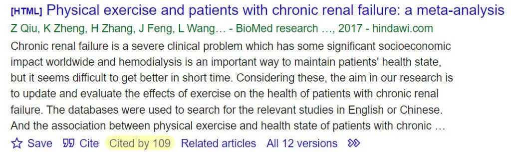 Google Scholar screenshot showing that 'Physical Exercise and Patients with Chronic Renal Failure: A Meta-Analysis' has been cited 109 times