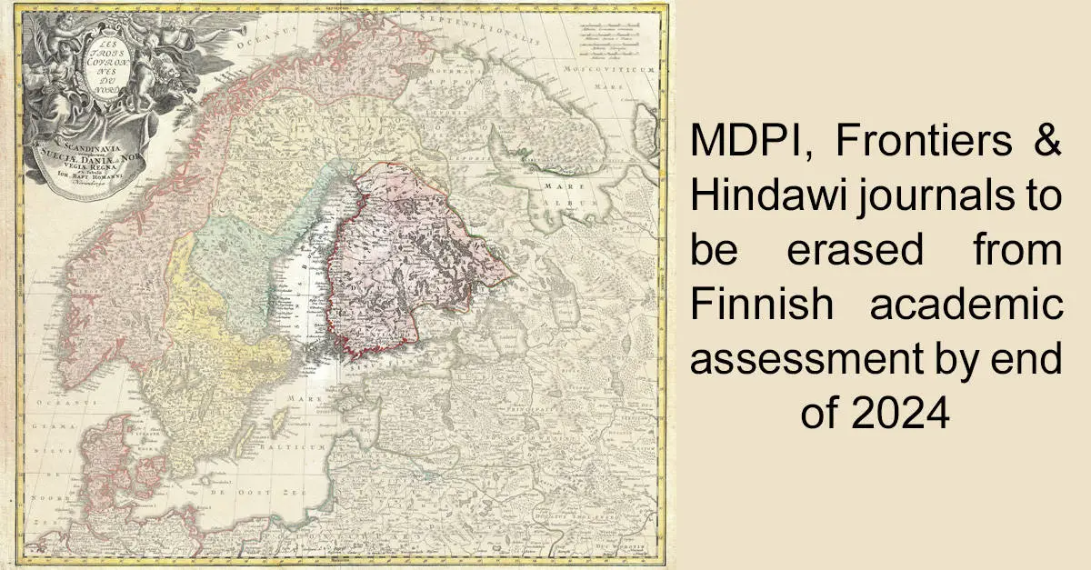 Map, highlighting Finland and a statement about three publishers may be excluded from Finland's research assessment.