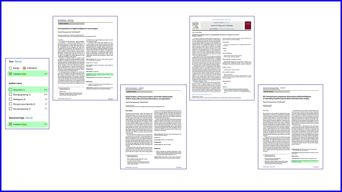 Image showing four letters to scientific journals and a screen shot from Scopus showing how many letters have been published.