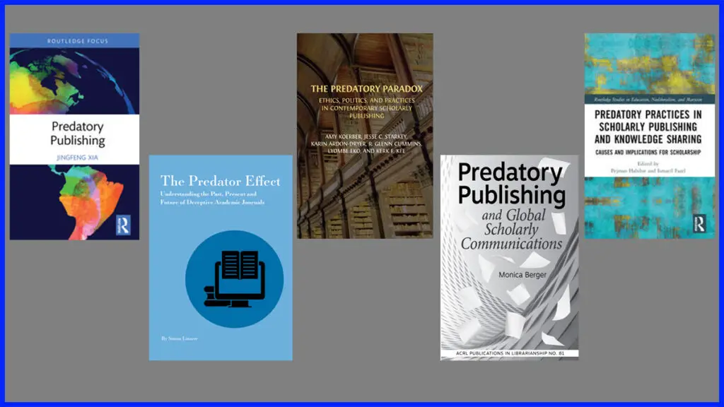 Five book covers, which are all about predatory publishing