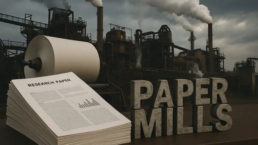 Image showing a paper mill, through the lens of scholarly publishing.