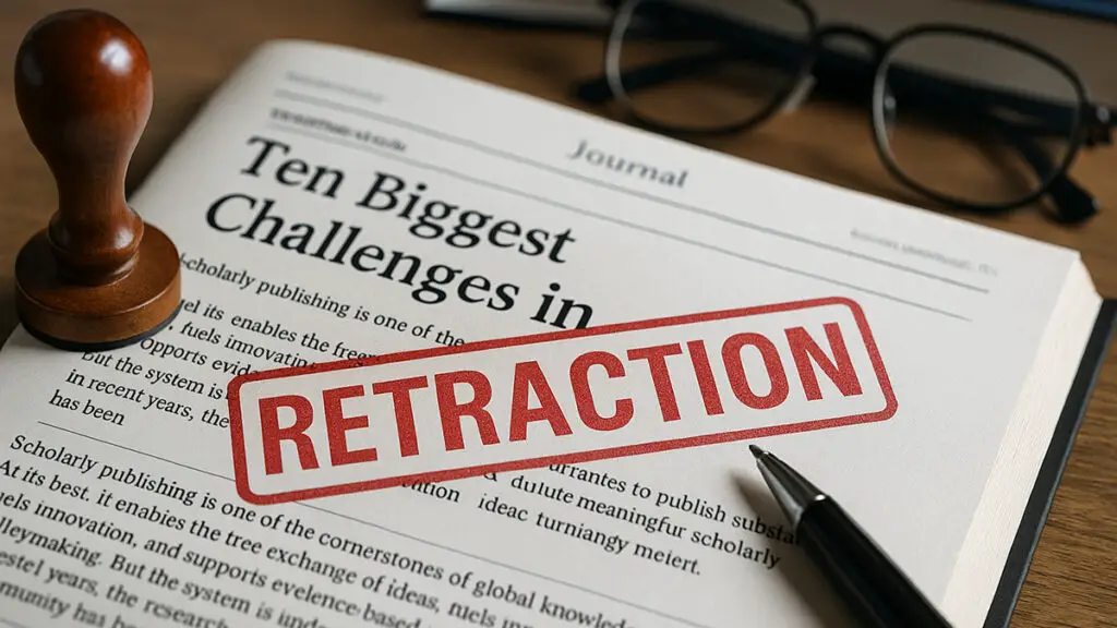 Desk, with a scientific paper on it, stamped with "RETRACTION"